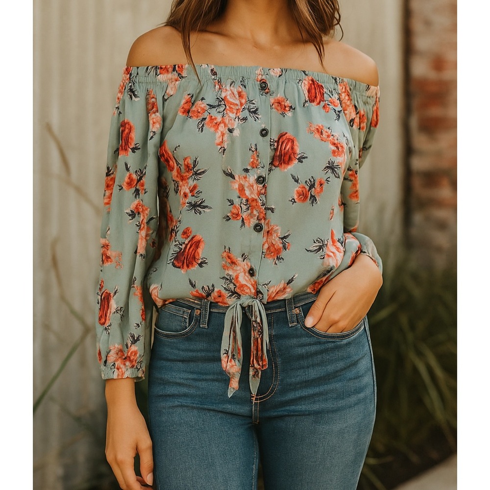 Rewind Plus Blue Floral Tie Waist Off Shoulder Top Boho Feminine Cottage Garden